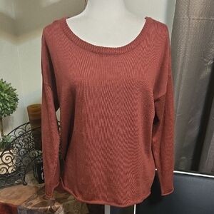 Elegant Rust Cowl Neck Sweater w/ Crochet Back Detail